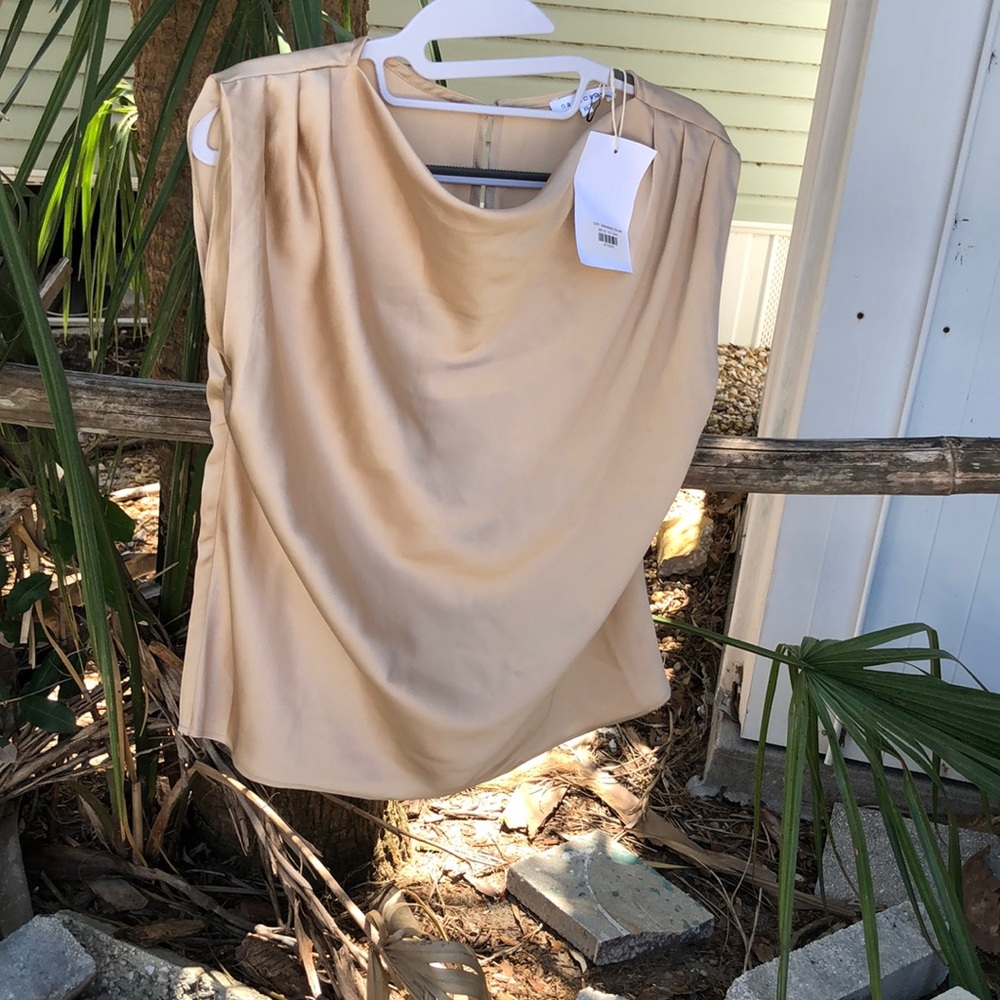New With Tags Satin Beige Tan Women's Short Sleeve Blouse New With Tags Sz XS
